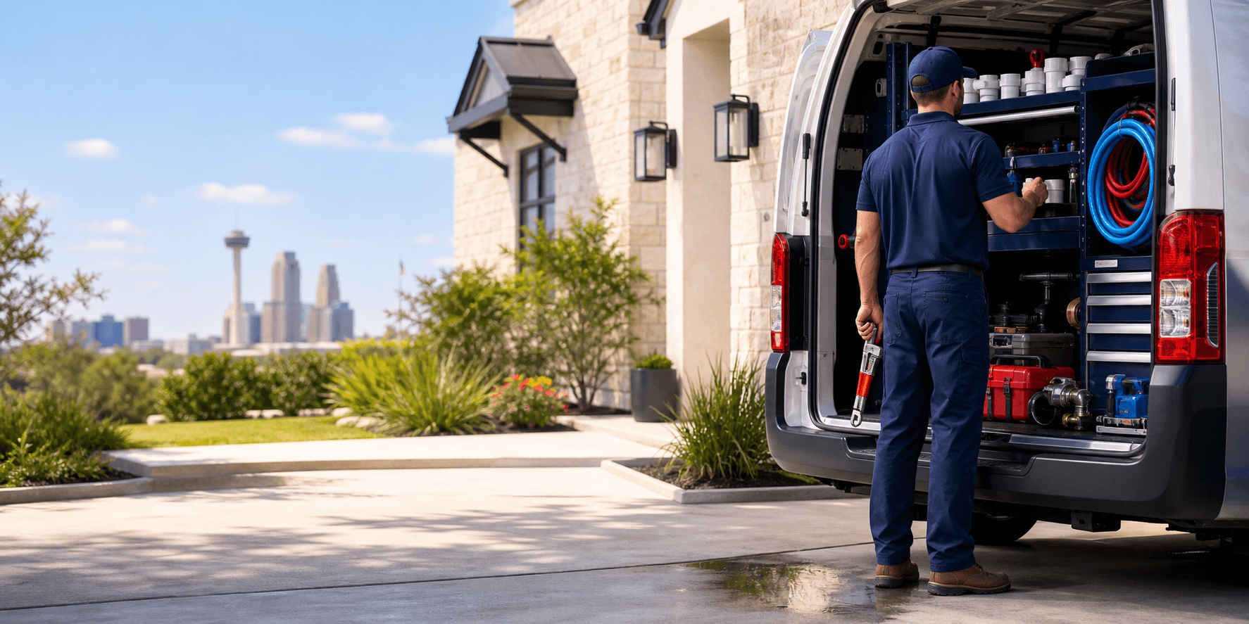 Professional plumbing service van at a San Antonio residence